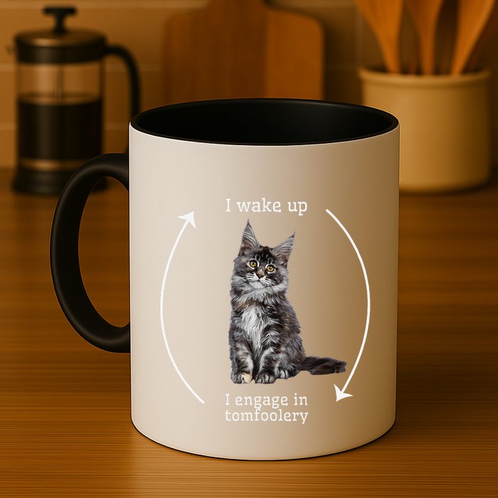 I Wake Up I Engage In Tomfoolery Silly Cat Meme Maine Coon Mug