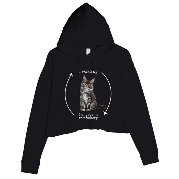 I Wake Up I Engage In Tomfoolery Silly Cat Meme Maine Coon Crop Fleece Hoodie