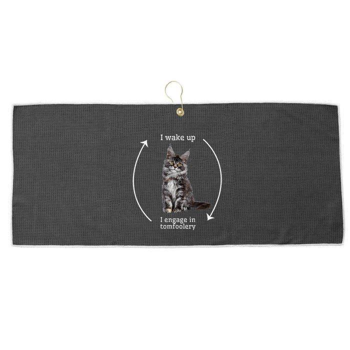 I Wake Up I Engage In Tomfoolery Silly Cat Meme Maine Coon Large Microfiber Waffle Golf Towel