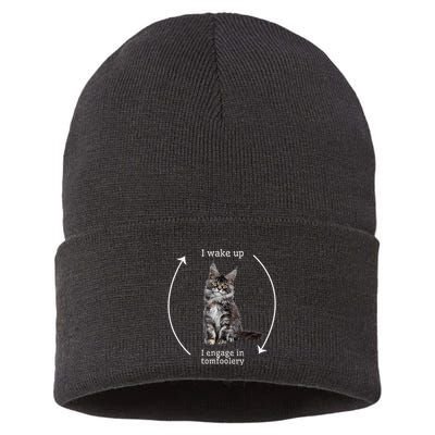 I Wake Up I Engage In Tomfoolery Silly Cat Meme Maine Coon Sustainable Knit Beanie