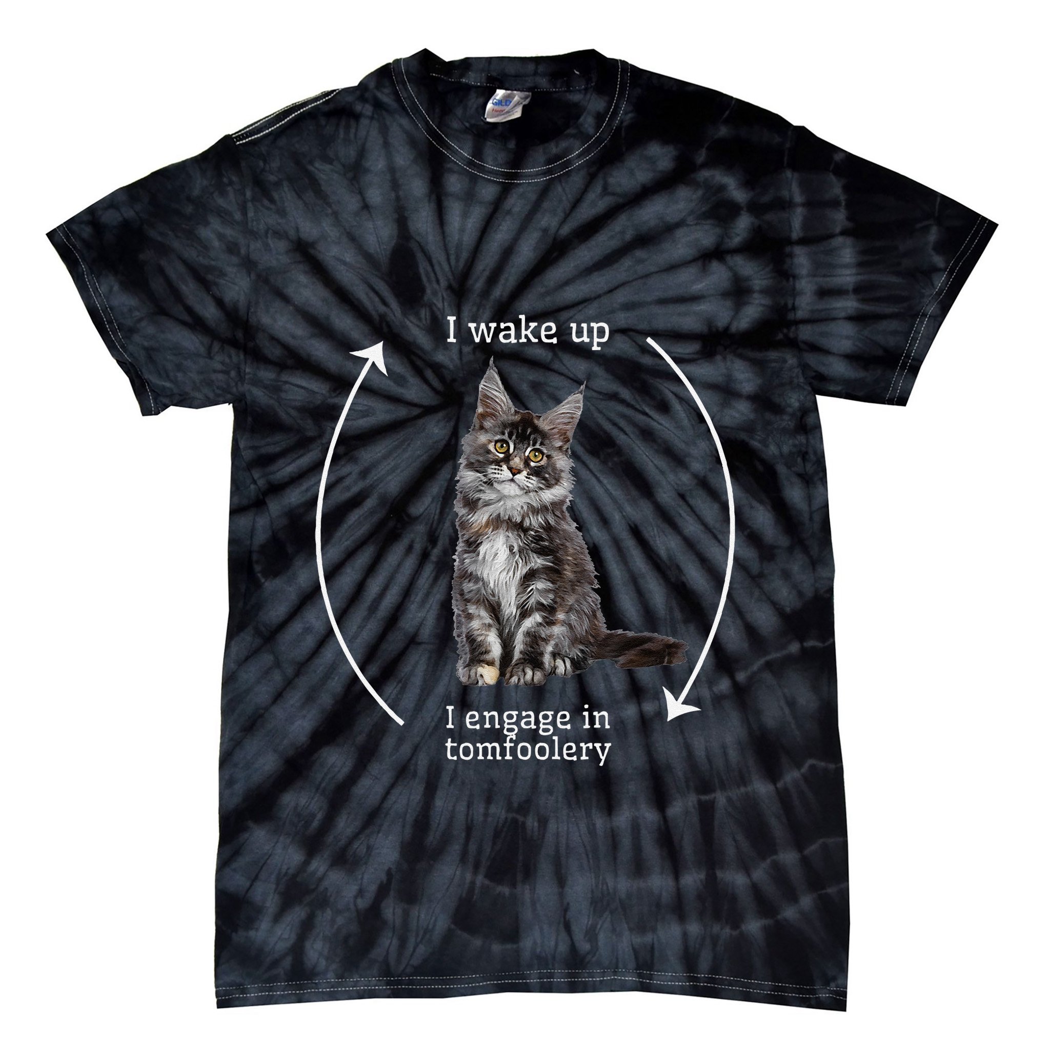 I Wake Up I Engage In Tomfoolery Silly Cat Meme Maine Coon Tie-Dye T-Shirt