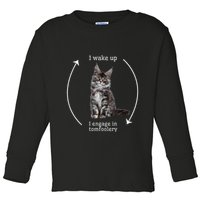 I Wake Up I Engage In Tomfoolery Silly Cat Meme Maine Coon Toddler Long Sleeve Shirt