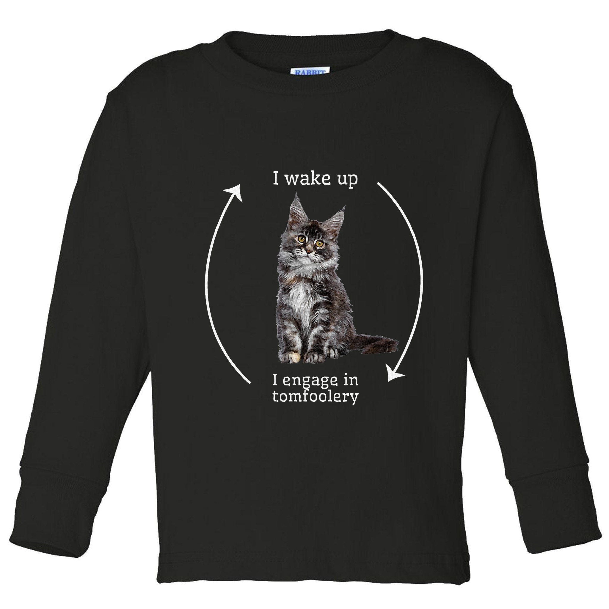 I Wake Up I Engage In Tomfoolery Silly Cat Meme Maine Coon Toddler Long Sleeve Shirt