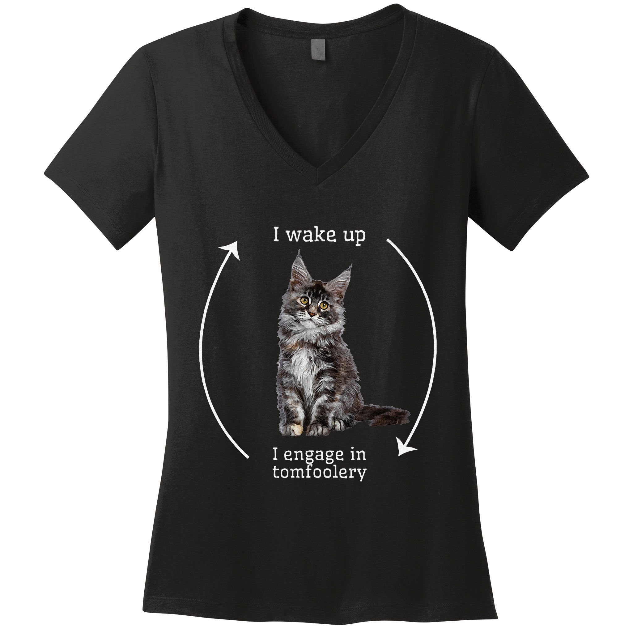 I Wake Up I Engage In Tomfoolery Silly Cat Meme Maine Coon Women's V-Neck T-Shirt
