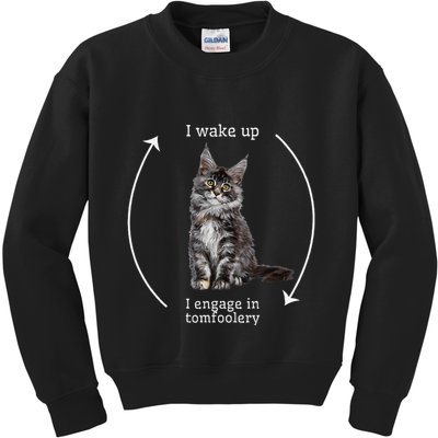I Wake Up I Engage In Tomfoolery Silly Cat Meme Maine Coon Kids Sweatshirt
