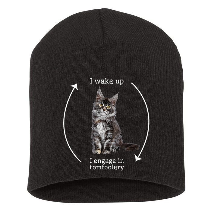 I Wake Up I Engage In Tomfoolery Silly Cat Meme Maine Coon Short Acrylic Beanie