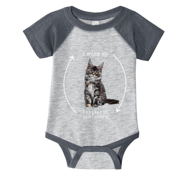 I Wake Up I Engage In Tomfoolery Silly Cat Meme Maine Coon Infant Baby Jersey Bodysuit