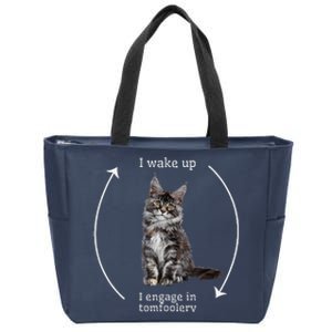 I Wake Up I Engage In Tomfoolery Silly Cat Meme Maine Coon Zip Tote Bag