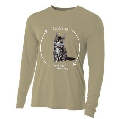I Wake Up I Engage In Tomfoolery Silly Cat Meme Maine Coon Cooling Performance Long Sleeve Crew