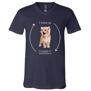 I Wake Up I Engage In Tomfoolery Silly Cat Meme V-Neck T-Shirt