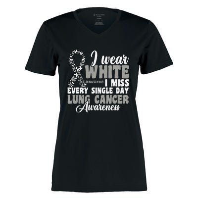 I Wear White Lung Cancer Awareness Women's Momentum V-Neck T-Shirt