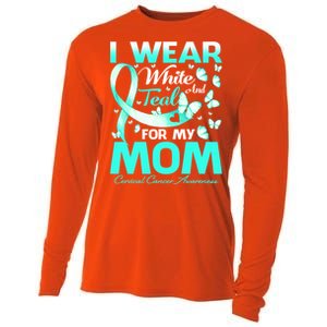 I Wear White And Teal For My Mom Cervical Cancer Gift Cooling Performance Long Sleeve Crew