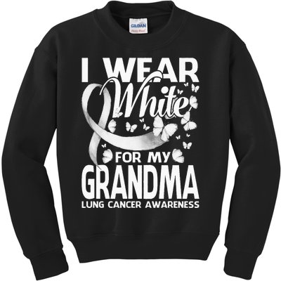 I Wear White For My Grandma Lung Cancer Awareness Butterfly Kids Sweatshirt