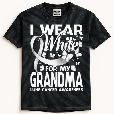 I Wear White For My Grandma Lung Cancer Awareness Butterfly Kids Tie-Dye T-Shirt