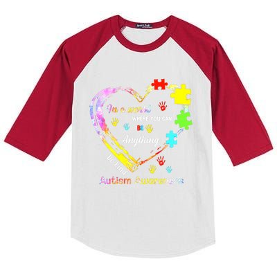 In World Where You Can Be Anything Be Kind Autism Awareness Great Gift Kids Colorblock Raglan Jersey