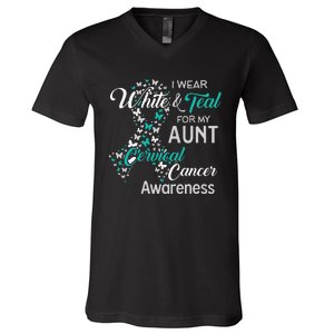 I wear White and Teal for my Aunt Cervical Cancer V-Neck T-Shirt