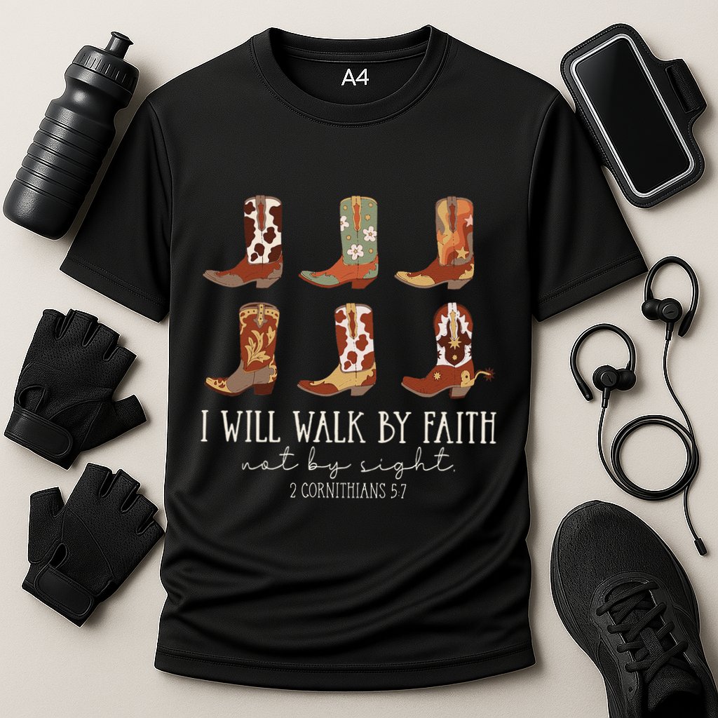 I Will Walk By Faith Not By Sight Cowboy Boots Jesus Christ Gift Cooling Performance Crew T-Shirt