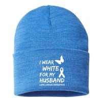 I Wear White For My Husband Lung Cancer Awareness Ribbon Meaningful Gift Sustainable Knit Beanie