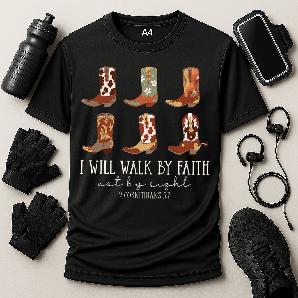 I Will Walk By Faith Not By Sight Cowboy Boots Jesus Christ Cooling Performance Crew T-Shirt