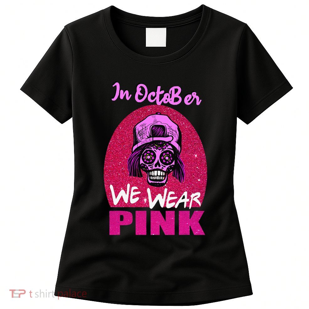 Inoctober We Wear Pin.K Halloween Skull Breast Cancer Outfit Womens T-Shirt