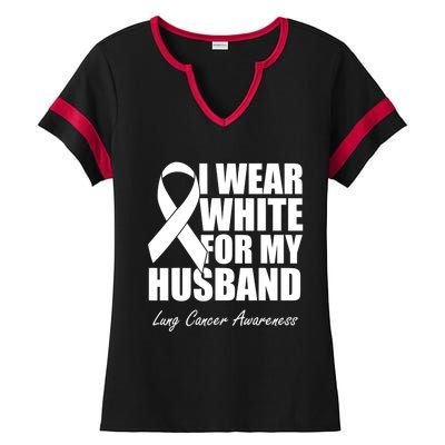 I Wear White For My Husband Lung Cancer Awareness Gift Ladies Halftime Notch Neck Tee