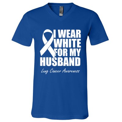 I Wear White For My Husband Lung Cancer Awareness Gift V-Neck T-Shirt