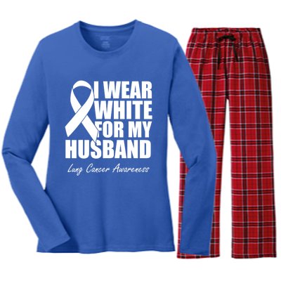 I Wear White For My Husband Lung Cancer Awareness Gift Women's Long Sleeve Flannel Pajama Set 