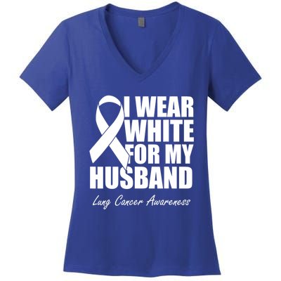 I Wear White For My Husband Lung Cancer Awareness Gift Women's V-Neck T-Shirt