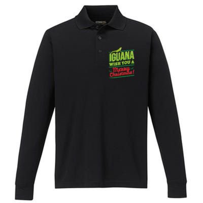 Iguana Wish You A Merry Christmas! Funny Pun Xmas Guana Pet Gift Performance Long Sleeve Polo