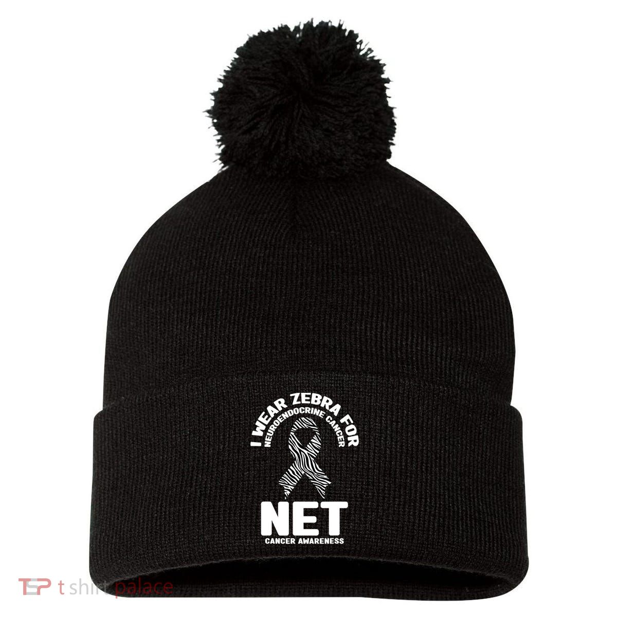 I Wear Zebra for Neuroendocrine Cancer Awareness NET Cancer Pom Pom 12in Knit Beanie