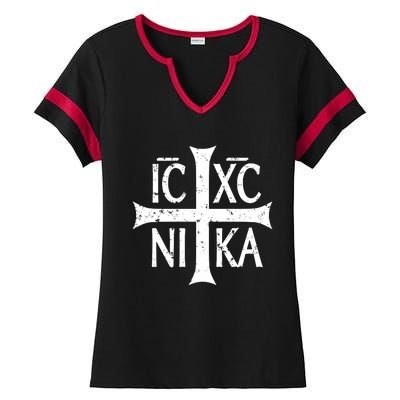 Ic Xc Nika Cross Christogram Orthodox Christian Ladies Halftime Notch Neck Tee