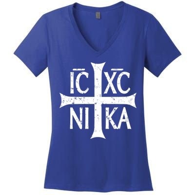 Ic Xc Nika Cross Christogram Orthodox Christian Women's V-Neck T-Shirt