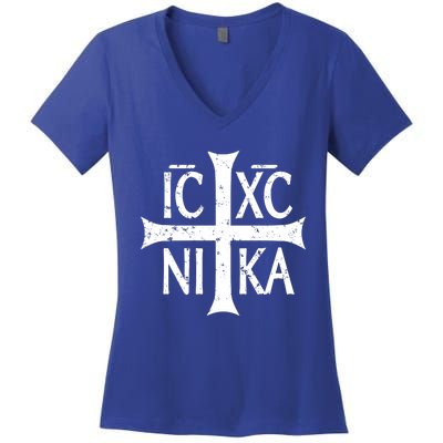 Ic Xc Nika Cross Christogram Orthodox Christian Women's V-Neck T-Shirt