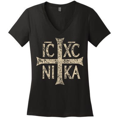 Ic Xc Nika Cross Christogram Orthodox Christian Women's V-Neck T-Shirt