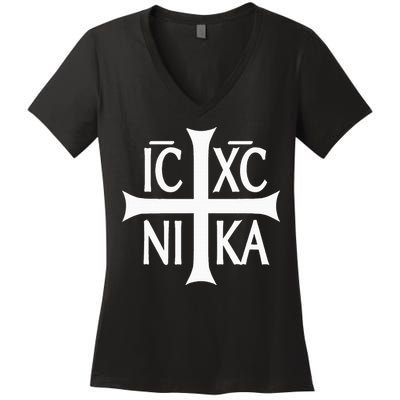 Ic Xc Nika Cross Eastern Christian Greek Women's V-Neck T-Shirt