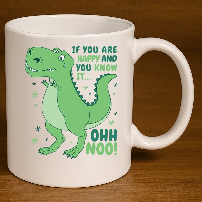 If You Are Happy And You Know It Oh No Funny Dinosaur 11oz C Handle Ceramic Mug