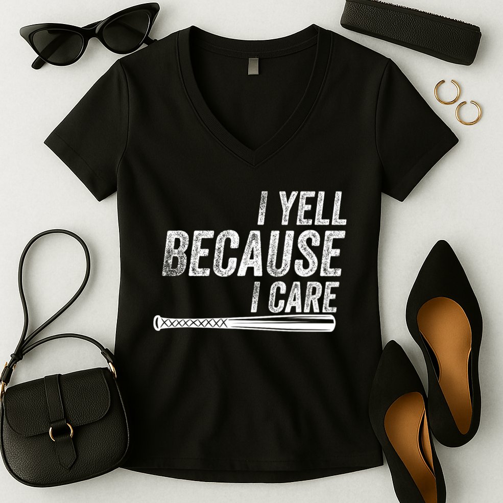 I Yell Because I Care Funny Baseball Softball Dad Women's V-Neck T-Shirt