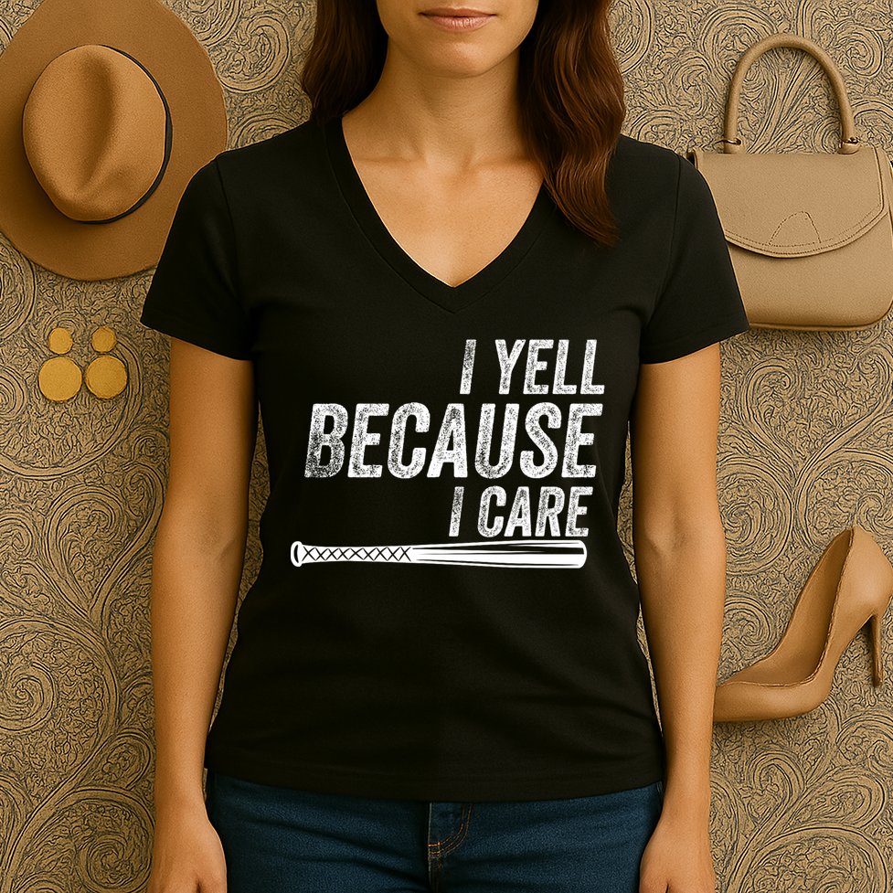I Yell Because I Care Funny Baseball Softball Dad Women's V-Neck T-Shirt