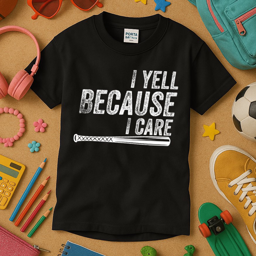 I Yell Because I Care Baseball Softball Dad Mom Kids T-Shirt
