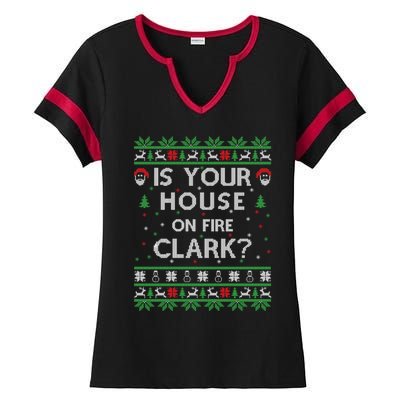 Is Your House On Fire Clark? Ugly Christmas Holiday Gift Ladies Halftime Notch Neck Tee