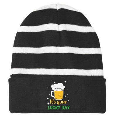 Its Your Lucky Day Funny Drinking Beer Striped Beanie with Solid Band