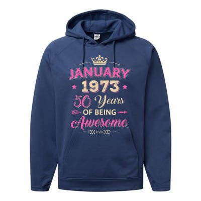 January 1973 50 Years Of Being Awesome Retro 50Th Birthday Performance Fleece Hoodie