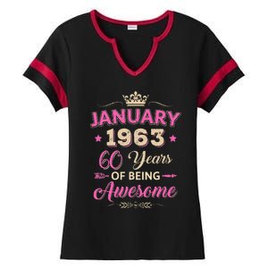 January 1963 60 Years Of Being Awesome Retro 60Th Birthday Ladies Halftime Notch Neck Tee