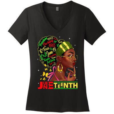 Juneteenth 1865 Black Woman Butterfly African Melanin Queen Women's V-Neck T-Shirt