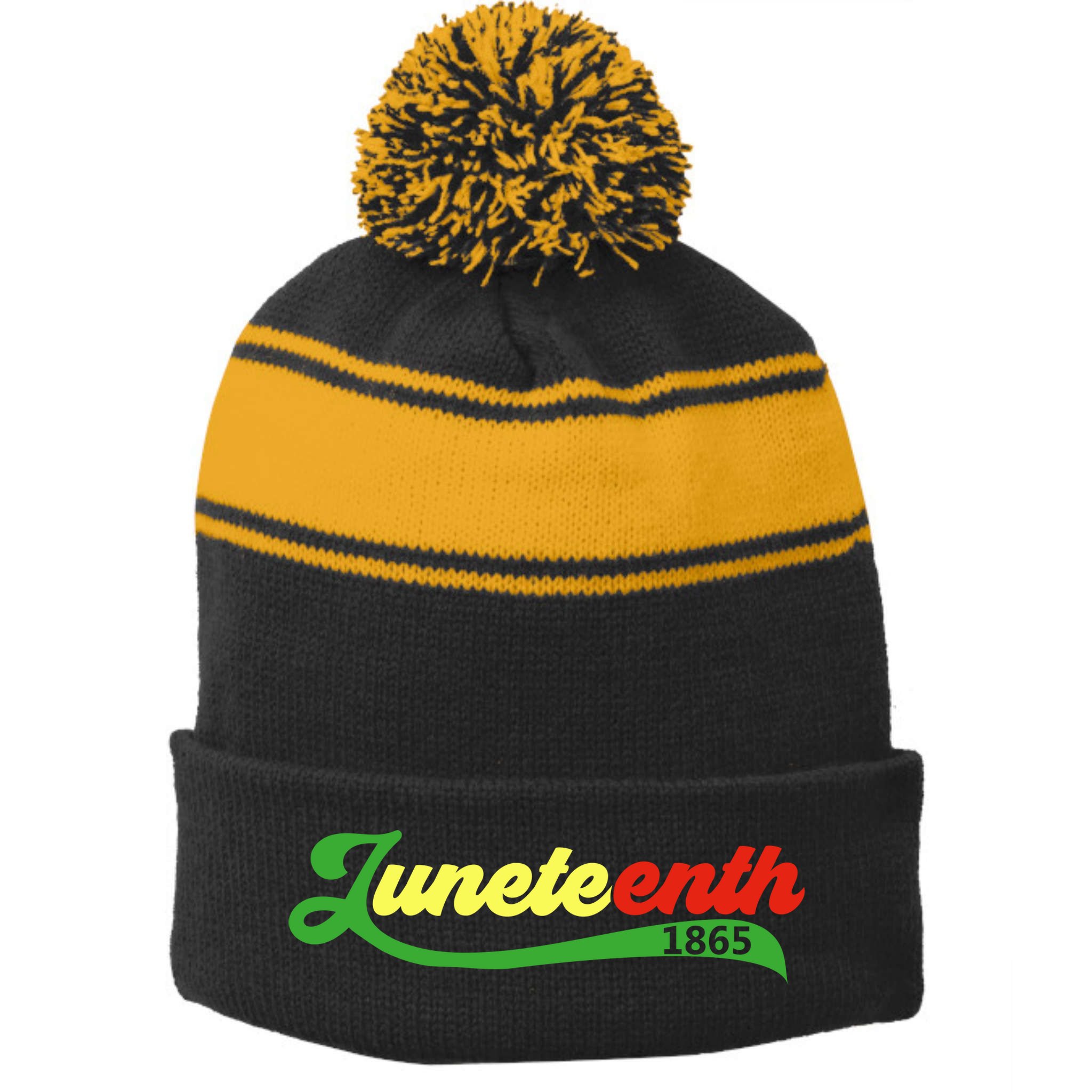 Juneteenth 1865 Celebration Graphic Stripe Pom Pom Beanie