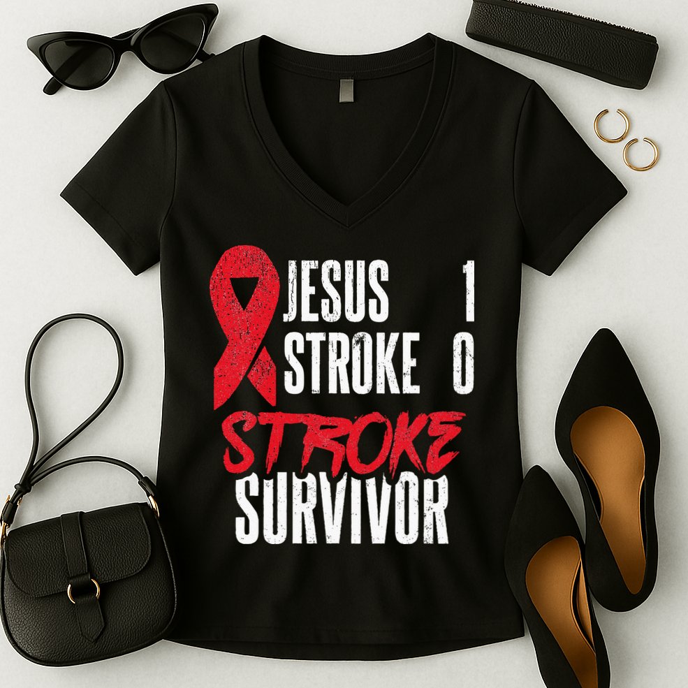 Jesus 1 Stroke 0 Stoke Awareness Stroke Survivor Women's V-Neck T-Shirt