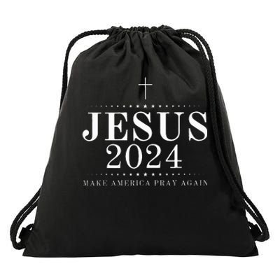 Jesus 2024 Make America Pray Believe Again Christian Flag Drawstring Bag