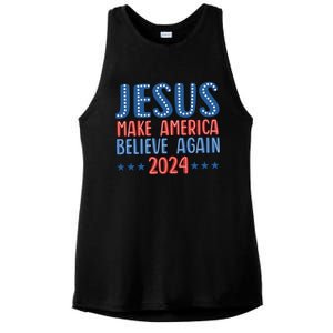 Jesus 2024 Make America Believe Again Christian 4th Of July Ladies PosiCharge Tri-Blend Wicking Tank