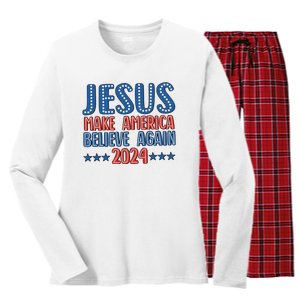 Jesus 2024 Make America Believe Again Christian 4th Of July Women's Long Sleeve Flannel Pajama Set 