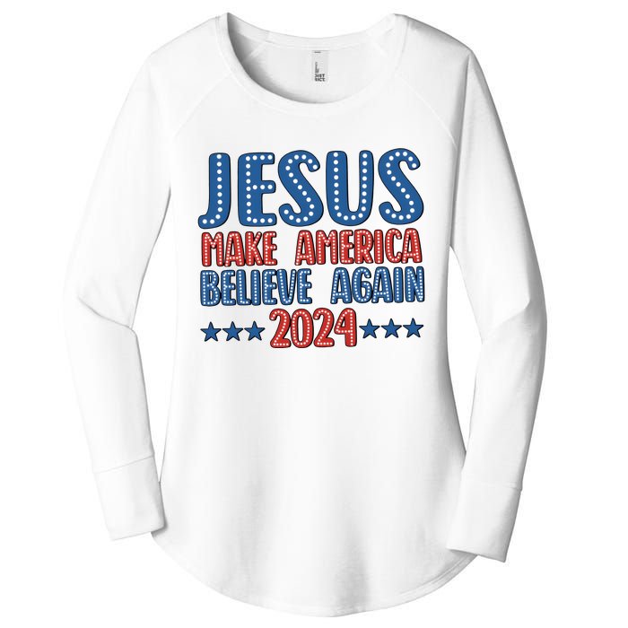 Jesus 2024 Make America Believe Again Christian 4th Of July Women's Perfect Tri Tunic Long Sleeve Shirt